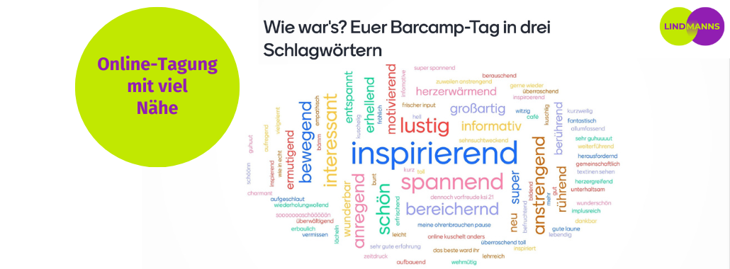 Eine bunte Wortwolke mit Wörtern wie "inspirierend", "lustig" und "spannend" auf Deutsch, die das Feedback zu einer Online-Veranstaltung zeigt. Auf der linken Seite steht in einem gelben Kreis "Online-Tagung mit viel Nähe". Rechts oben ist das Lindmanns-Logo zu sehen.
