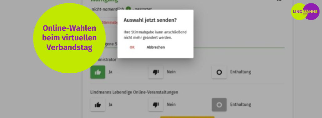 Ein Screenshot einer Online-Wahlschnittstelle in deutscher Sprache mit einem Pop-up-Fenster, das zur Bestätigung der Wahl auffordert. Ein grüner und lila Kreis auf der linken Seite sagt: "Online-Wahlen beim virtuellen Verbandstag.