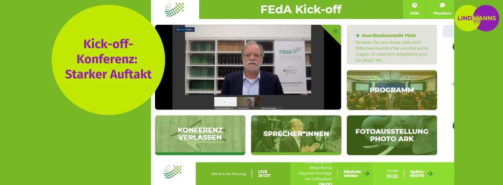 Screenshot einer virtuellen Konferenzplattform mit einem Sprecher auf Video, Programmoptionen und Navigationsschaltflächen. Der Text in einem grünen Kreis lautet: "Kick-off-Konferenz: Starker Auftakt". Das Lindmann-Logo befindet sich oben rechts.