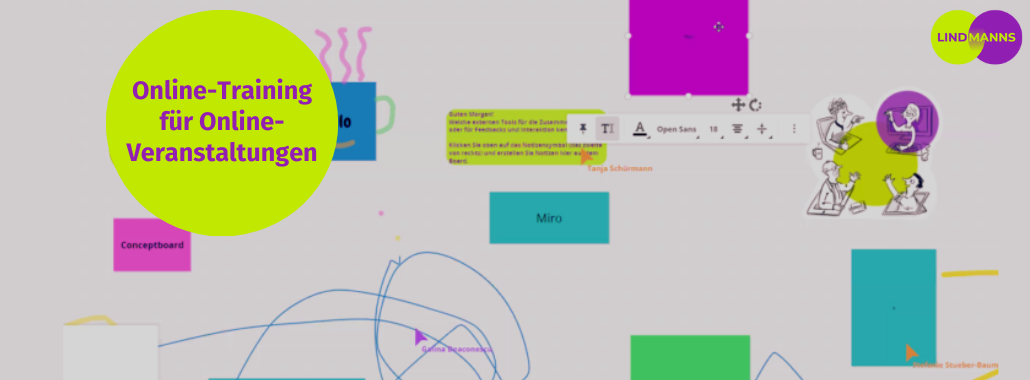 Screenshot eines digitalen Whiteboards mit bunten Haftnotizen, Kritzeleien und einem gelben Kreis mit dem Text "Online-Training für Online-Veranstaltungen". In der rechten oberen Ecke erscheint das Lindmanns-Logo.