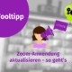 Eine Grafik mit einem lilafarbenen Kreis mit der Aufschrift "Tooltipp", einer Abbildung einer Person mit einem Megaphon, einer Sprechblase mit "UPDATE", einer grünen Sprechblase mit Zahnrädern und dem Text "Zoom-Anwendung aktualisieren - so geht's".