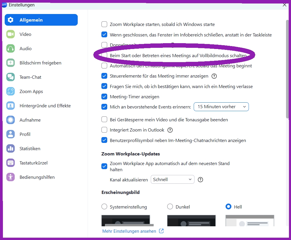 Einstellungen Zoom, Option "Beim Start oder Betreten des Meetings auf Vollbildmodus schalten" ist deaktiviert