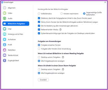 Screenshot der Zoom-Einstellungen - Bildschirm freigeben