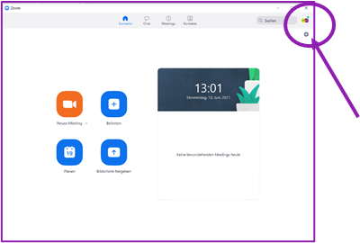 Startseite der Zoom-Anwendung, Profil-Icon ist eingekreist