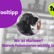Ein schwarzer Hund sitzt im Profil innerhalb eines runden Rahmens. Der Text lautet: "Tooltipp. Wo ist Marlowe? Warum Fokussieren wichtig ist." Rechts schwebt ein grüner Ballon mit Zahnradsymbolen.