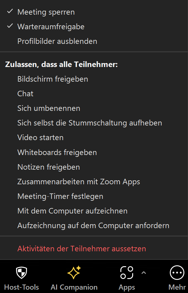 Während des Meetings findet man unter dem Button Host-Tools weitere Sicherheitseinstellungen. Dabei kann beispielsweise das Meeting gesperrt oder die Warteraumfreigabe aktiviert werden .