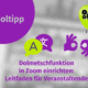 Grafik mit lila Kreis und dem Schriftzug ‚Tooltipp‘. Darunter Icons für Übersetzung und Gebärdensprache sowie ein grüner Luftballon mit Zahnrädern. Text: Dolmetschfunktion in Zoom einrichten: Leitfaden für Veranstaltende