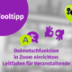 Lila und grüne Grafik mit Symbolen für Dolmetschfunktion und Übersetzung. Text: "Tooltipp. Dolmetschfunktion in Zoom einrichten: Leitfaden für Veranstaltende" auf unscharfem Hintergrund. Ballon mit Zahnradsymbolen oben rechts.