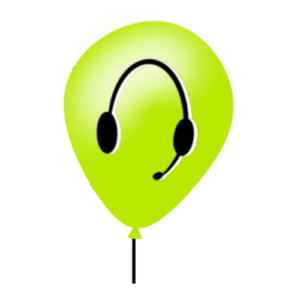 Ballon5 (500 × 500 px) Eine grüne Sprechblase mit einem schwarzen Headset und einem Mikrofon, ist vor einem hellgrauen Hintergrund zentriert.