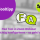 Eine Grafik mit dem Titel "Tooltipp" in einem lilafarbenen Kreis, zwei Sprechblasen mit der Aufschrift "F" und "A", eine Sprechblase mit Zahnrädern und deutscher Text: "Q&A Tool in Zoom-Webinar richtig konfigurieren - so geht's".