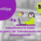 Illustration mit dem Titel "Tooltipp" und Text "Dolmetschen in Zoom: So geht's für Teilnehmende und Dolmetschende". Eine Person mit einem Headset sitzt an einem Laptop, Icons für Sprache und Übersetzung um sie herum.