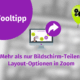 Eine Grafik mit dem Titel "Tooltipp" und dem Text "Mehr als nur Bildschirm freigeben: Layout-Optionen in Zoom." Es zeigt einen Monitor mit Präsentation, einen lila Pfeil und einen grünen Ballon mit Zahnradsymbolen.