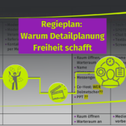 Eine Präsentationsfolie zeigt den Titel "Regieplan: Warum Detailplanung Freiheit schafft" in gelber Schrift auf einem violetten Kasten, mit Icons und einer Grafik im Hintergrund - ideal für alle, die eine Online-Veranstaltung planen. Gelbe Linien verbinden die Elemente.