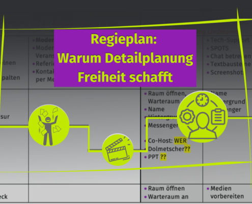 Eine Präsentationsfolie zeigt den Titel "Regieplan: Warum Detailplanung Freiheit schafft" in gelber Schrift auf einem violetten Kasten, mit Icons und einer Grafik im Hintergrund - ideal für alle, die eine Online-Veranstaltung planen. Gelbe Linien verbinden die Elemente.