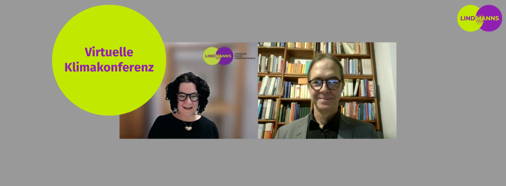 Zwei Personen führen ein Videogespräch, links eine Frau und rechts ein Mann vor einem Bücherregal. In einem großen gelben Kreis steht "Virtuelle Klimakonferenz" und hebt das Virtuelle Vernetzungstreffen hervor. Lindmanns Logo erscheint zweimal.