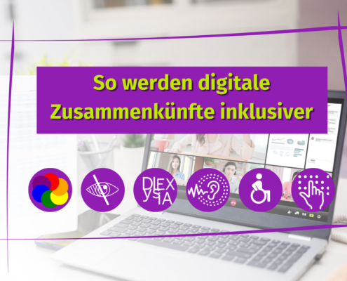 Ein Laptop zeigt ein Videogespräch mit mehreren Teilnehmern an. Der eingeblendete Text auf Deutsch lautet: "So werden digitale Zusammenkünfte inklusiver." Sechs violette Symbole stehen für die Funktionen von Barrierefreiheit Online-Meeting.