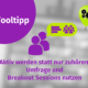 Ein lilafarbener Kreis mit "Tooltipp" und einem Symbol von Menschen mit einer Sprechblase. Text: "Aktiv werden statt nur zuhören: Umfrage und Breakout Sessions in Online-Meetings oder zur Gruppenarbeit mit Mentimeter nutzen." Rechts ist ein grüner Ballon mit Zahnrädern.