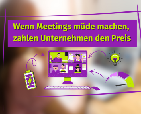 Eine Grafik mit dem Text "Wenn Meetings müde machen, zahlen Unternehmen den Preis." Zeigt einen leeren Akku, eine Videokonferenz am Computer, ein schwaches Licht und eine fallende Performance-Anzeige.