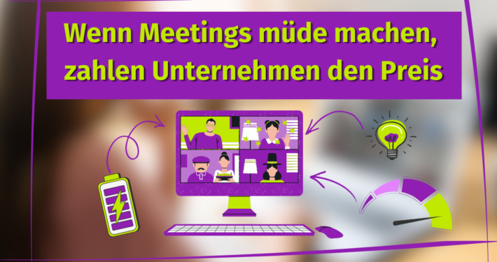 Videokonferenzmüdigkeit (1) Eine Grafik mit dem Text "Wenn Meetings müde machen, zahlen Unternehmen den Preis." Zeigt einen leeren Akku, eine Videokonferenz am Computer, ein schwaches Licht und eine fallende Performance-Anzeige.