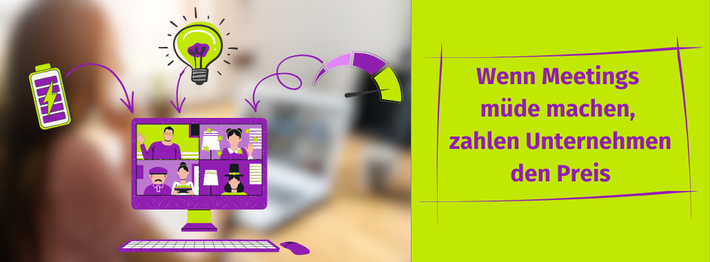 Eine Grafik zeigt einen Computerbildschirm mit Menschen in Meetings, Symbole für niedrige Energie und Stress und den deutschen Text: "Wenn Meetings müde machen, zahlen Unternehmen den Preis.