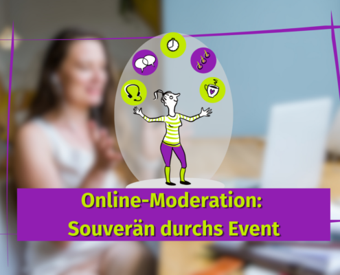 Eine verschwommene Person sitzt an einem Schreibtisch mit einem Laptop. Davor sind eine Cartoon-Figur und Icons über einem lila Banner mit der Aufschrift "Online-Moderation" zu sehen: Souverän durchs Event.