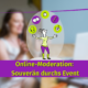 Eine verschwommene Person sitzt an einem Schreibtisch mit einem Laptop. Davor sind eine Cartoon-Figur und Icons über einem lila Banner mit der Aufschrift "Online-Moderation" zu sehen: Souverän durchs Event.