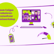 Computergrafik, Videogespräch, niedriger Akkustand, Glühbirne und Anzeige. Im grünen Kreis steht: „Zoom-Müdigkeit und Videokonferenzmüdigkeit reduzieren: kostenloser Praxis-Workshop.“.