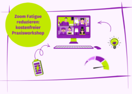 Computergrafik, Videogespräch, niedriger Akkustand, Glühbirne und Anzeige. Im grünen Kreis steht: „Zoom-Müdigkeit und Videokonferenzmüdigkeit reduzieren: kostenloser Praxis-Workshop.“.