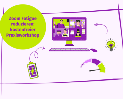 Computergrafik, Videogespräch, niedriger Akkustand, Glühbirne und Anzeige. Im grünen Kreis steht: „Zoom-Müdigkeit und Videokonferenzmüdigkeit reduzieren: kostenloser Praxis-Workshop.“.