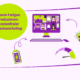 Computergrafik, Videogespräch, niedriger Akkustand, Glühbirne und Anzeige. Im grünen Kreis steht: „Zoom-Müdigkeit und Videokonferenzmüdigkeit reduzieren: kostenloser Praxis-Workshop.“.