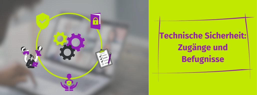 Links sind in einem Kreis Symbole für Sicherheit, Zahnräder, eine Checkliste und Personen abgebildet; rechts steht auf limettengrünem Hintergrund der deutsche Text „Technische Sicherheit: Zugänge und Befugnisse“. Das Design hebt Schlüsselkonzepte wie „Zoom-Sicherheit“ und „Zugangskontrolle“ hervor, um „Zoombombing“ zu verhindern.