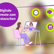 Vorschau BioDiv Abbildung einer Frau am Schreibtisch, die über den Computer ein Videogespräch mit einer anderen Frau führt. Der Text auf Deutsch lautet: „Digitale Formate zum Austauschen.“ Zu sehen sind Symbole für eine Uhr, Sprechblasen und einen Kalender.