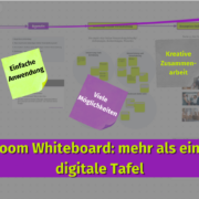 Eine Übersicht über das digitale Whiteboard mit dem zentralen Titel „Zoom Whiteboard: mehr als eine digitale Tafel“ und drei Haftnotizen mit den Texten „Einfache Anwendung“, „Viele Möglichkeiten“ und „Kreative Zusammenarbeit“.