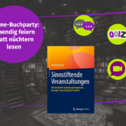 Werbegrafik für eine Online-Buchveranstaltung zum Buch „Sinnstiftende Veranstaltungen“ von Michael Gleich, mit Symbolen für ein Quiz und einen Videoanruf.