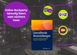 Werbegrafik für eine Online-Buchveranstaltung zum Buch „Sinnstiftende Veranstaltungen“ von Michael Gleich, mit Symbolen für ein Quiz und einen Videoanruf.
